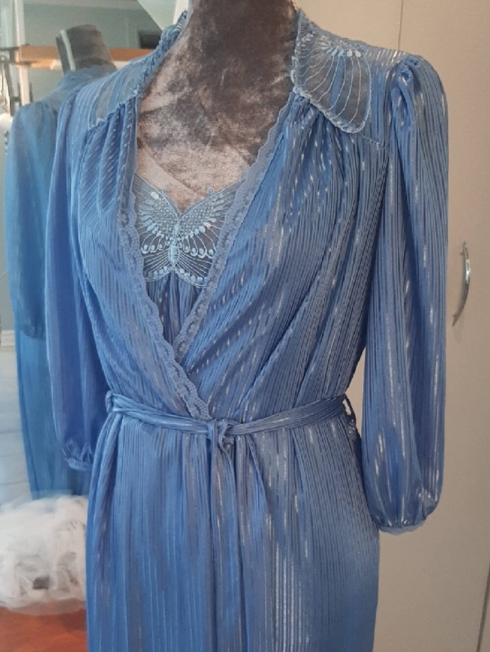 🦋COORD SET🦋BUTTERFLY Light Blue VINTAGE Negligee+Wrap Robe Self-Tie Belt Sz M - Picture 5 of 11